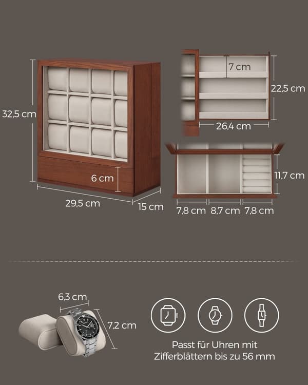 Rootz Watch Boxin järjestäjä - Korujen säilytyskotelo - Näytön teline - MDF samettiakryyli - Tyylikäs muotoilu - Tilavat lokerot - Suojakansi - 15 cm