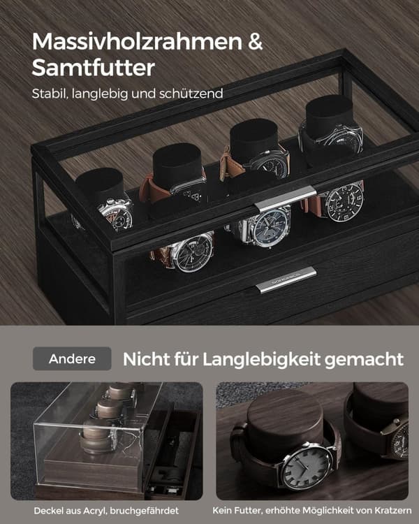Rootz Watch Box Organizer - Etui til smykkeopbevaring - Trædisplaystativ - Konstruktion af massivt træ - Akryllåg - MDF-interiør - 18 cm x 35,2 cm x 1