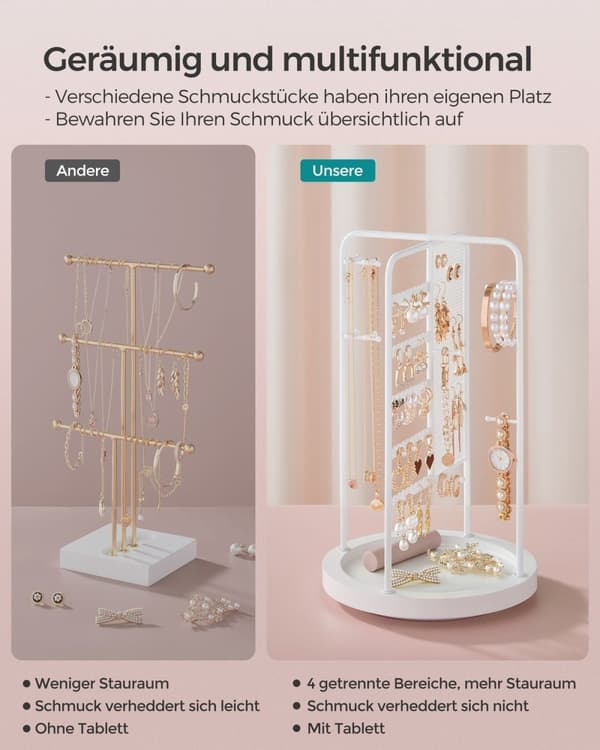 Rootz White Smyckesställ - Örhängehållare - Halsbandsorganisator - Metall- och MDF-konstruktion - Lättvikt - Kompakt design - 20cm x 20cm x 33,4cm