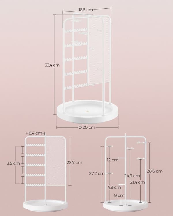 Rootz White Smyckesställ - Örhängehållare - Halsbandsorganisator - Metall- och MDF-konstruktion - Lättvikt - Kompakt design - 20cm x 20cm x 33,4cm
