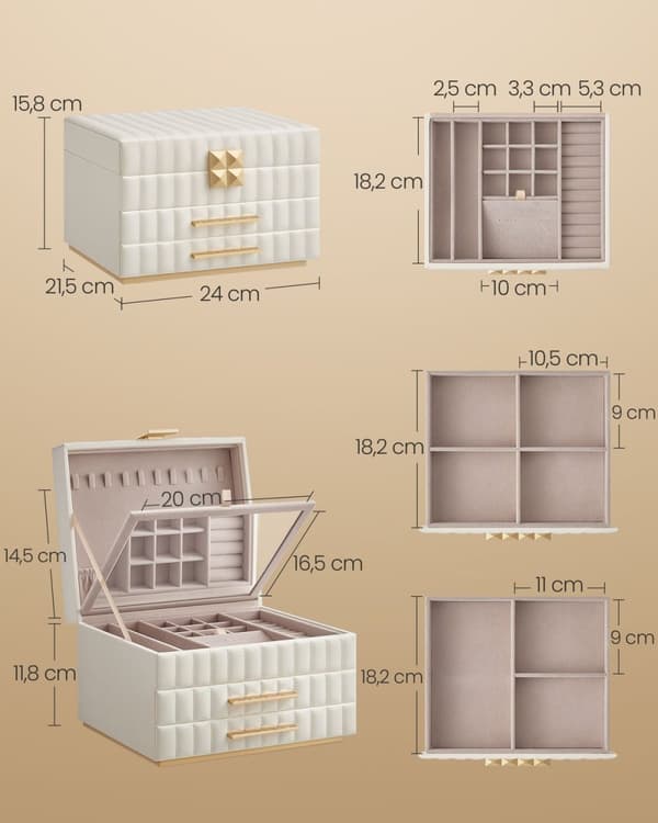 Rootz smykkeskrin - Organizer - Opbevaringsetui - PU-læder - Stilfuldt design - 21,5 cm x 24 cm x 15,8 cm