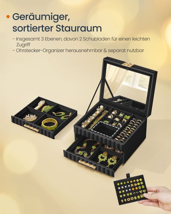 Rootz smyckeskrin med spegel - Organizerfodral - Förvaringskista - PU-läder - 21,5 cm x 24 cm x 15,8 cm