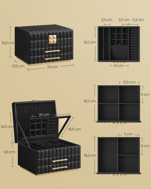 Rootz smyckeskrin med spegel - Organizerfodral - Förvaringskista - PU-läder - 21,5 cm x 24 cm x 15,8 cm