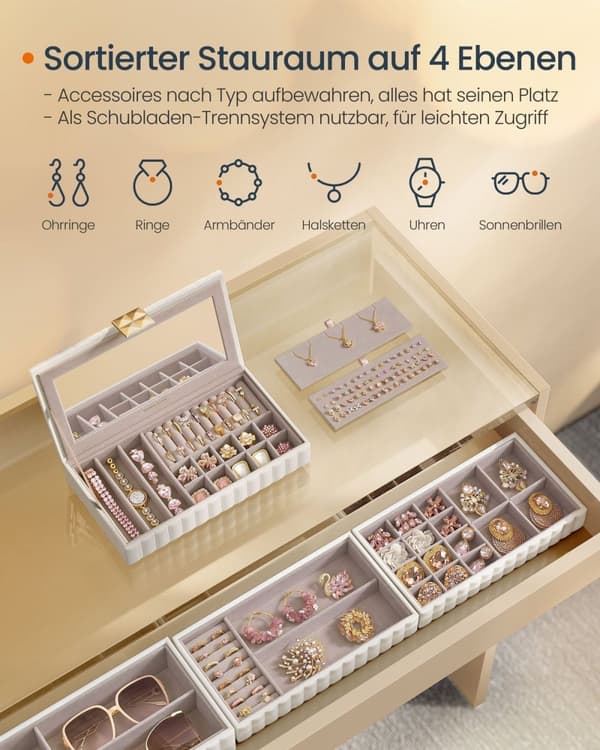Rootz smyckeskrin med spegel - Organizer - Förvaringsfodral - Molnvit - 17 cm x 28 cm x 20,5 cm - Modern stil - PU-läder/MDF/sammet/glas.