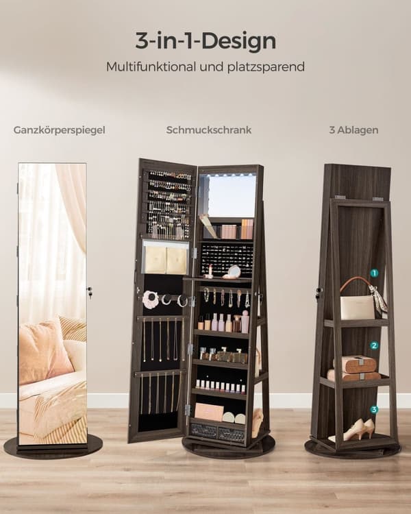 Rootz-korukaappi - Armoire - Järjestäjä - Täyspitkä peili - 3 hyllyä - 40cm x 36cm x 140cm