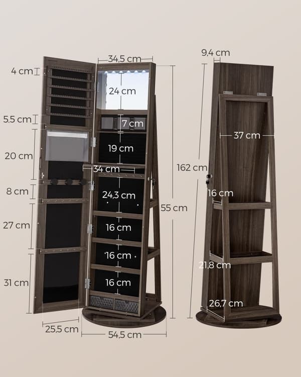 Rootz-korukaappi - Armoire - Järjestäjä - Täyspitkä peili - 3 hyllyä - 40cm x 36cm x 140cm
