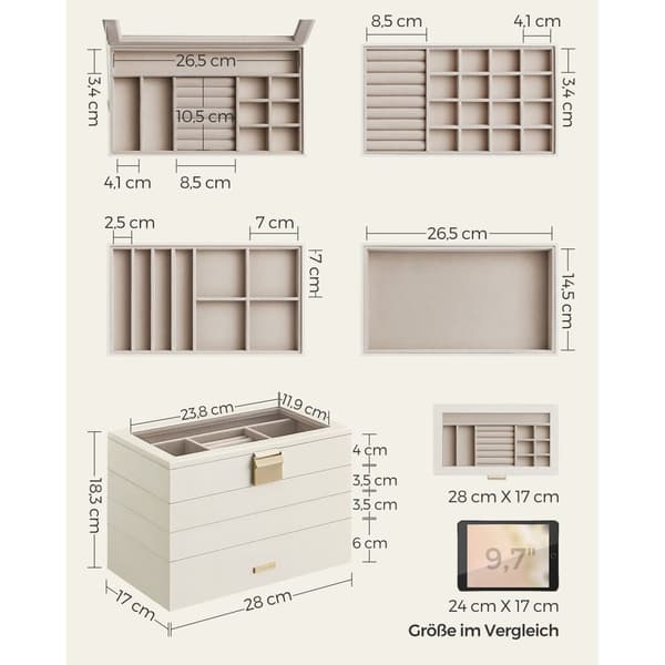 Rootz stapelbar smyckeskrin - Organizerfodral - 4-lagers förvaring - Sammetsfoder - 25 cm x 15 cm x 10 cm
