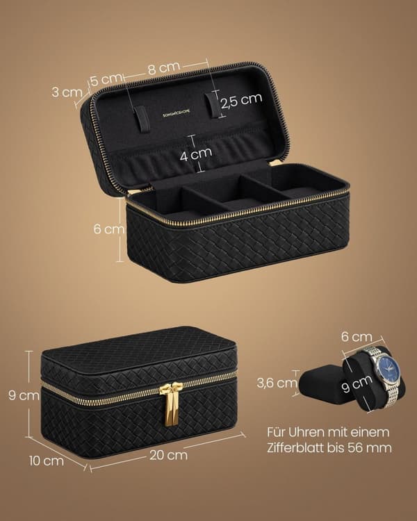 Rootz klocklåda med lock - Smyckesorganisator - Klockfodral - Bläcksvart PU - Foder imiterat mocka - 10 cm x 20 cm x 9 cm
