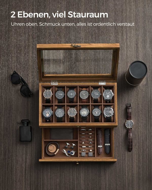 Rootz Watch Box - Järjestäjä - Säilytyskotelo - Massiivinen pähkinäpuu - 30cm x 20cm x 8cm