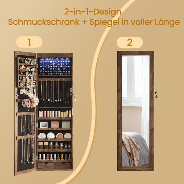 Rootz Hanging Jewely Cabinet - Wall Mirror - Lagringsarrangör - LED -belysning - 37 cm x 10 cm x 120 cm