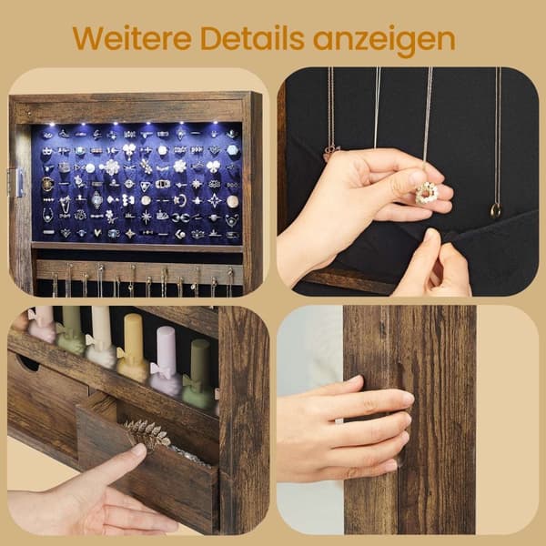 Rootz Hanging Jewely Cabinet - Wall Mirror - Lagringsarrangör - LED -belysning - 37 cm x 10 cm x 120 cm