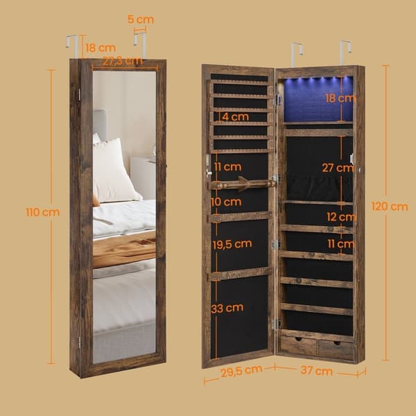 Rootz Hanging Jewely Cabinet - Wall Mirror - Lagringsarrangör - LED -belysning - 37 cm x 10 cm x 120 cm