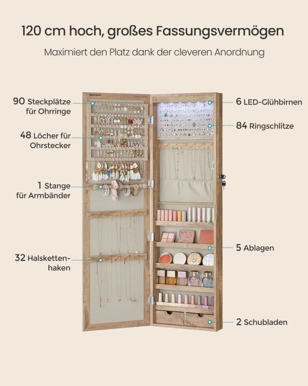 Rootzin korukaappi - Armoire - Varastointijärjestäjä - valaistu sisäreili, samettivuori - 10 cm x 37cm x 120cm - ruskea