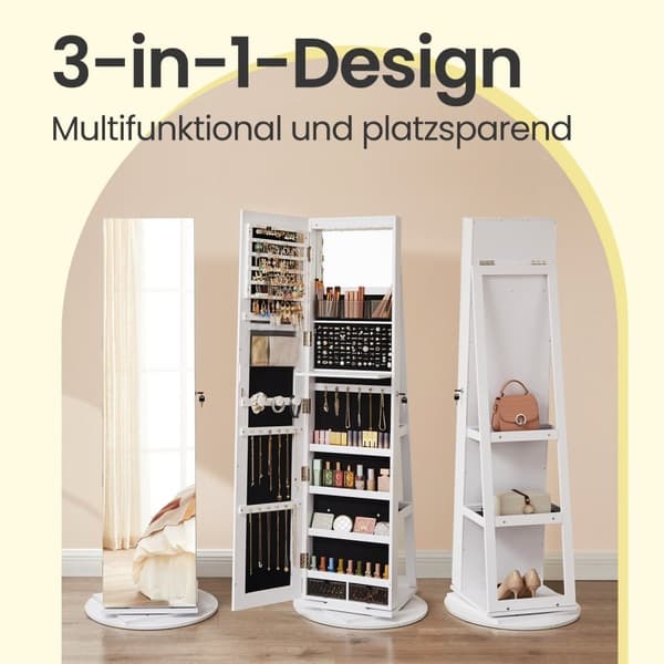 Rootz Jewelry Cabinet - Mirror Cabinet - Roterande arrangör - Säker förvaring - 54,5 cm x 54,5 cm x 162 cm