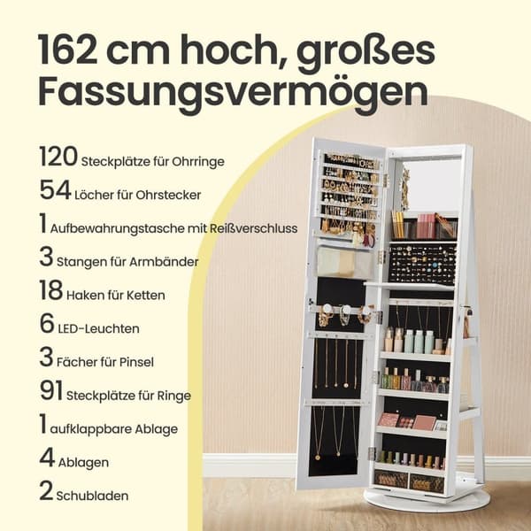 Rootz Jewelry Cabinet - Mirror Cabinet - Roterande arrangör - Säker förvaring - 54,5 cm x 54,5 cm x 162 cm