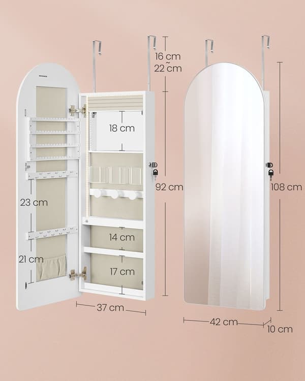 Rootz Jewelry Cabinet - LED Lit Armoire - Inner Mirror Organizer - Velvet fodrad - 10x42x108cm - White