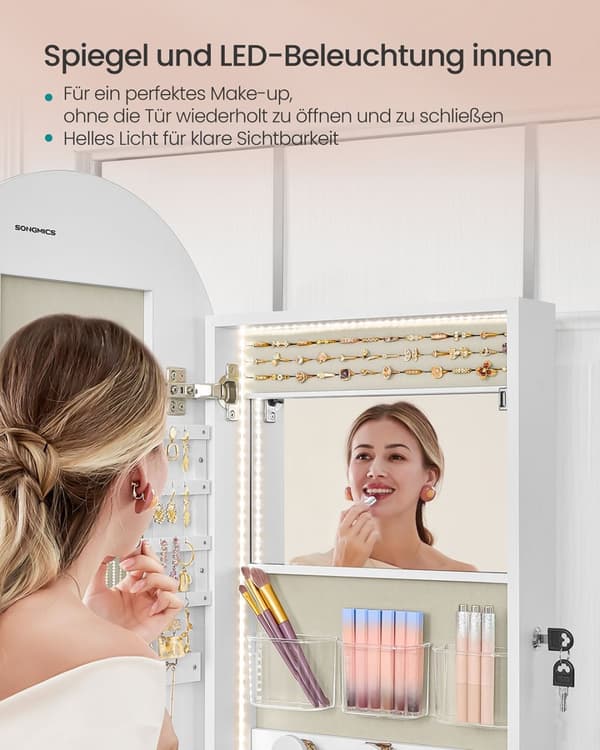 Rootz Jewelry Cabinet - LED Lit Armoire - Inner Mirror Organizer - Velvet fodrad - 10x42x108cm - White