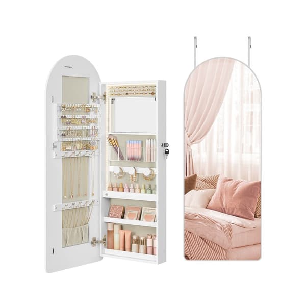 Rootz Jewelry Cabinet - LED Lit Armoire - Inner Mirror Organizer - Velvet fodrad - 10x42x108cm - White
