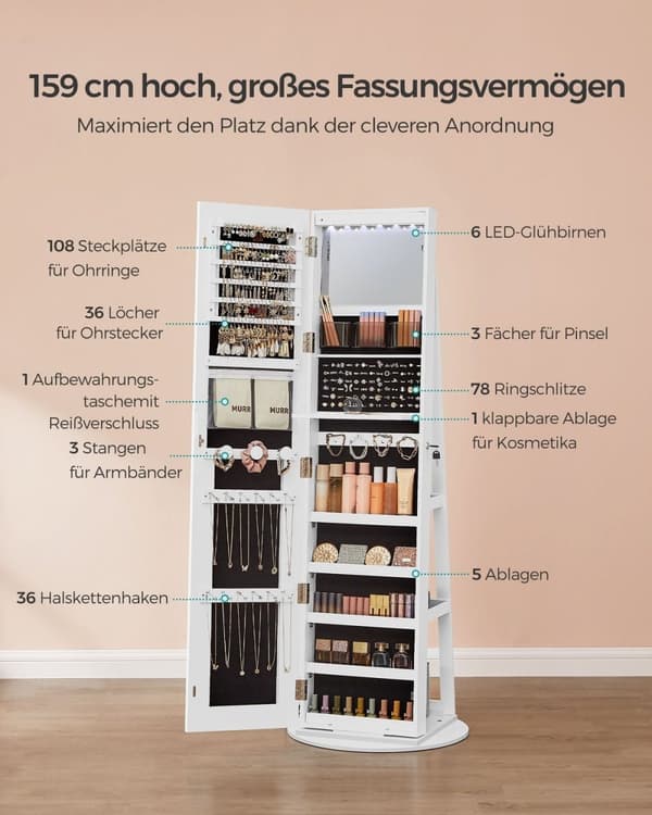 Rootz Jewelry Cabinet - Mirror Cabinet - Lagringsarrangör - LED -belysning - 55x55x159 cm - Cloud White