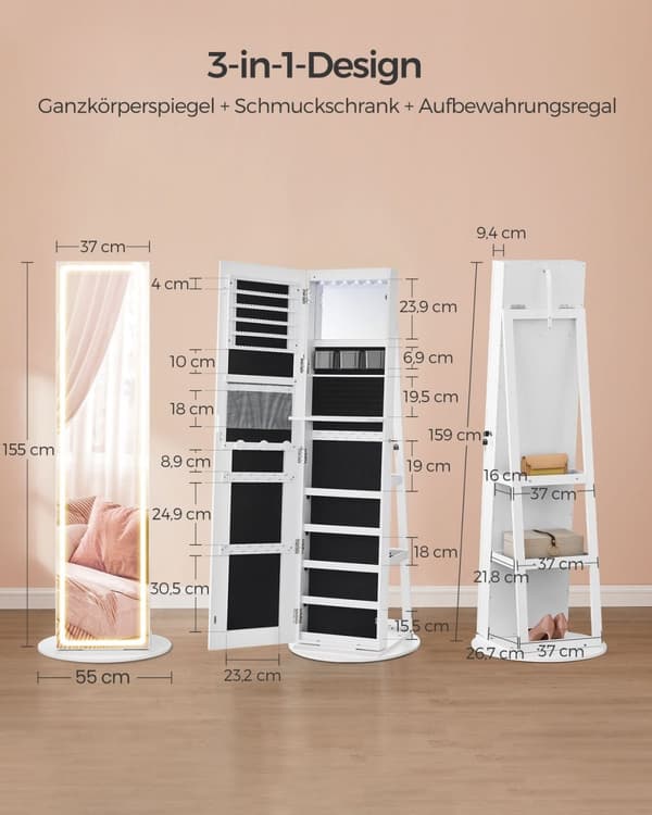 Rootz Jewelry Cabinet - Mirror Cabinet - Lagringsarrangör - LED -belysning - 55x55x159 cm - Cloud White