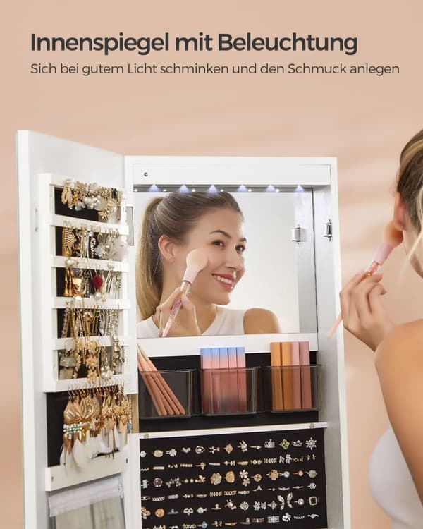Rootz Jewelry Cabinet - Mirror Cabinet - Lagringsarrangör - LED -belysning - 55x55x159 cm - Cloud White