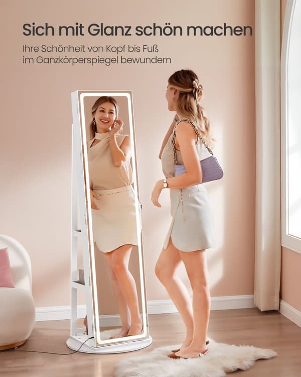 Rootz Jewelry Cabinet - Mirror Cabinet - Lagringsarrangör - LED -belysning - 55x55x159 cm - Cloud White