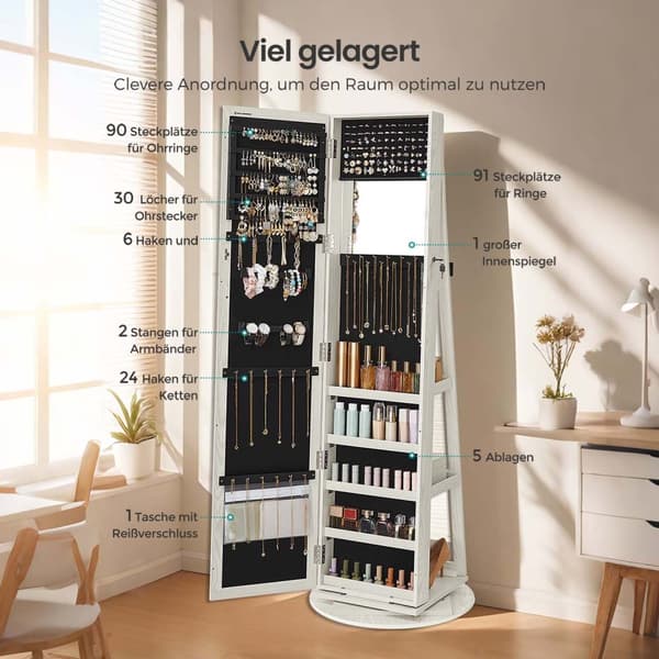 Rootz smycken skåpstativ spegel - spegel skåp - roterbar förvaring - 360 ° rotation - 54 cm x 161 cm x 54 cm