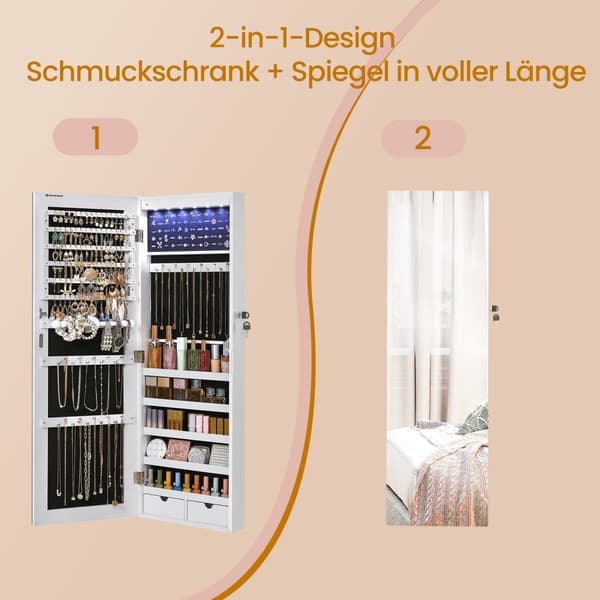 Rootz Mirror Jewelry Cabinet - Hängande spegelskåp - Väggskåp - LED -belysning - 37 cm x 9,3 cm x 108 cm