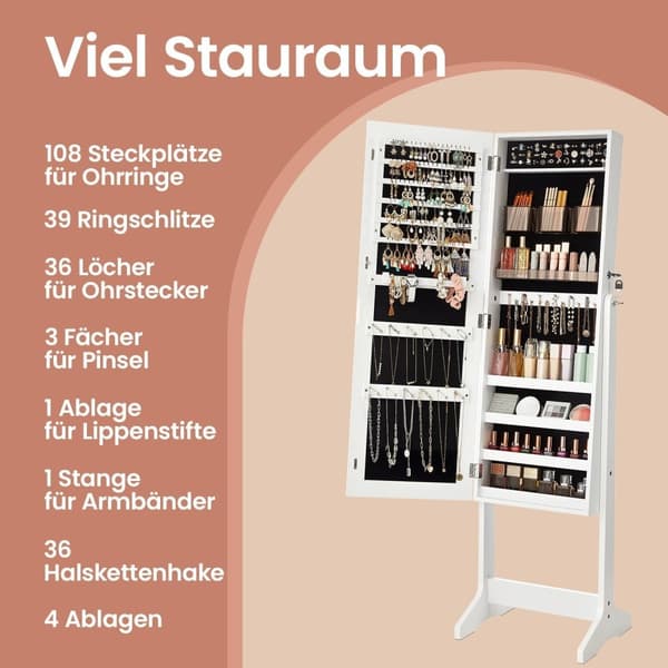 Rootz Standing Jewelry Cabinet - Mirror Cabinet - Full Body Mirror - Säkert lagrar smycken och smink - 41,2 cm x 36,5 cm x 152 cm