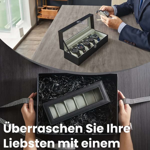 Rootz Watch Box - Glass Lid - 6 Fack Display - Protect & Showcase Watches - Velvet Interior - 30 cm x 11,2 cm x 8 cm