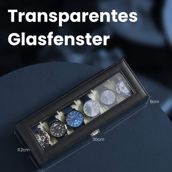 Rootz Watch Box - Glass Lid - 6 Fack Display - Protect & Showcase Watches - Velvet Interior - 30 cm x 11,2 cm x 8 cm