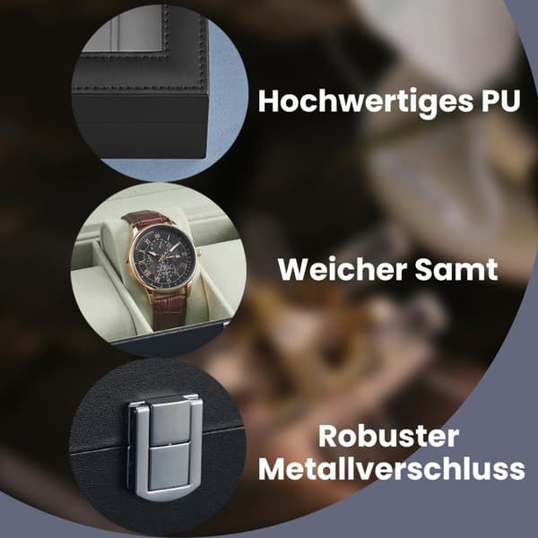 Rootz Watch Box - Glass Lid - 6 Fack Display - Protect & Showcase Watches - Velvet Interior - 30 cm x 11,2 cm x 8 cm