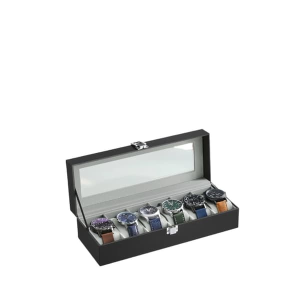 Rootz Watch Box - Glass Lid - 6 Fack Display - Protect & Showcase Watches - Velvet Interior - 30 cm x 11,2 cm x 8 cm