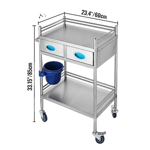 Lääketieteellinen laboratoriokärry 2-3 hyllyllä - Kestävä ruostumaton teräs, 4 pyörää, 80 kg kantavuus, lukittavat pyörät & kädensija helppoon kuljetu