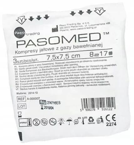 STERILA KOMPRESSER Pasomed 17-trådig 8-lagers 7,5 cm x 7,5 cm 3 stycken