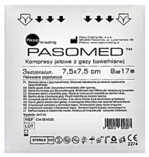 STERILA KOMPRESSER Pasomed 17-trådig 8-lagers 7,5 cm x 7,5 cm 3 stycken