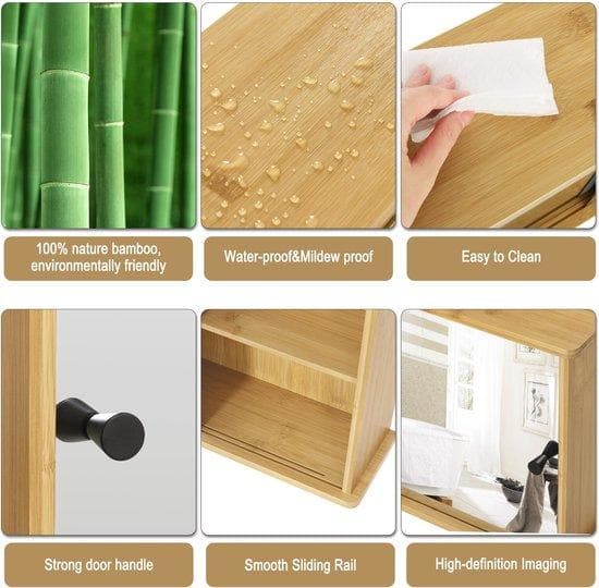 Badrumsskåp - bambu spegel vägg badrumsskåp - 55x14x35.5 cm - fåfänga lagring - skåp - med skjutdörr justerbar plank