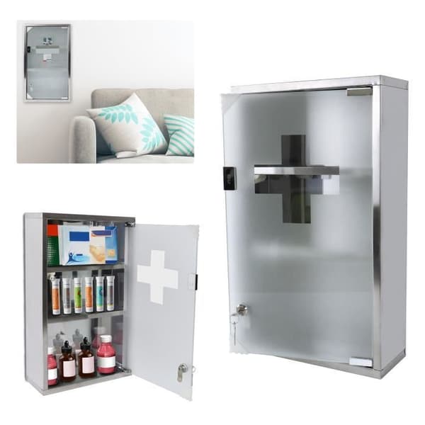 Medicinskåp - XMTECH - Låsbar modell - Rostfritt stål - 50x30x12cm - Glasdörr