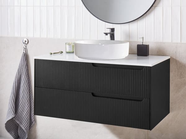 Badrumsskåp Vägghängt Svart MDF 100 x 52 cm Räfflad Framsida med 2 lådor Förborrade Hål Elegant Design Badrum
