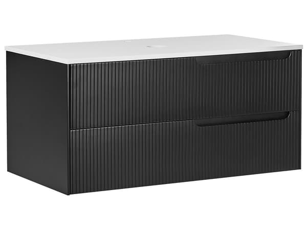 Badrumsskåp Vägghängt Svart MDF 100 x 52 cm Räfflad Framsida med 2 lådor Förborrade Hål Elegant Design Badrum