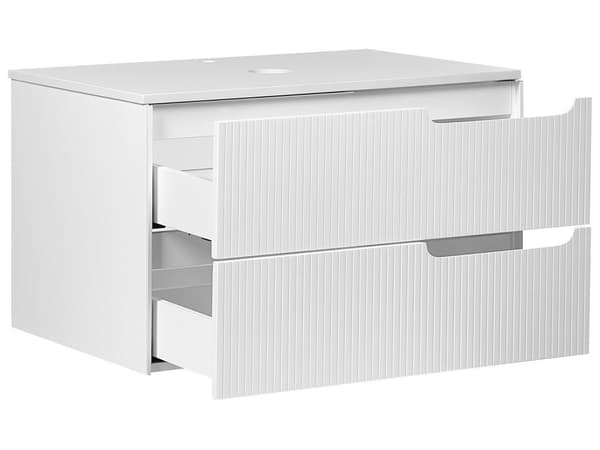 Badrumsskåp Vägghängt Vit MDF 80 x 52 cm Räfflad Framsida med 2 lådor Förborrade Hål Elegant Design Badrum