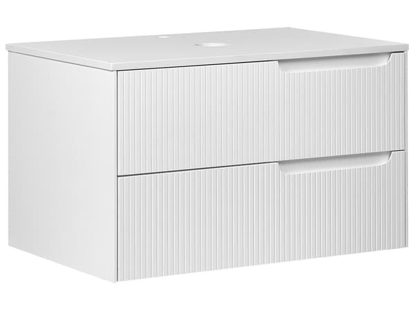 Badrumsskåp Vägghängt Vit MDF 80 x 52 cm Räfflad Framsida med 2 lådor Förborrade Hål Elegant Design Badrum