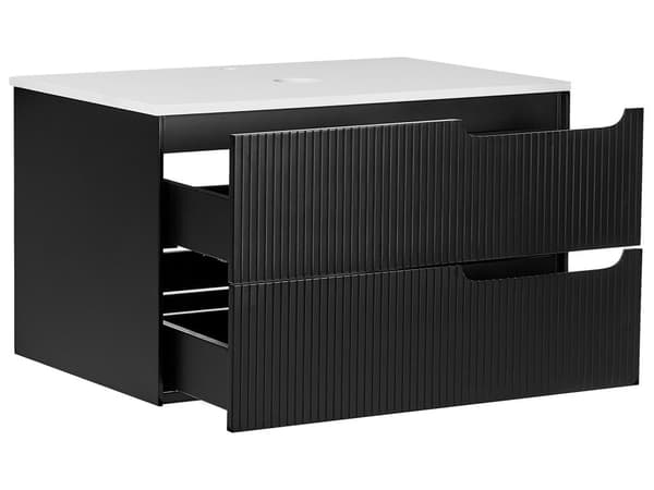 Badrumsskåp Vägghängt Svart MDF 80 x 52 cm Räfflad Framsida med 2 lådor Förborrade Hål Elegant Design Badrum