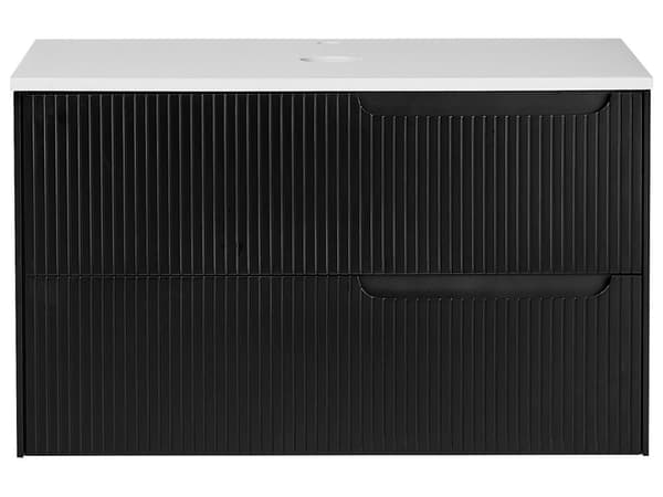 Badrumsskåp Vägghängt Svart MDF 80 x 52 cm Räfflad Framsida med 2 lådor Förborrade Hål Elegant Design Badrum