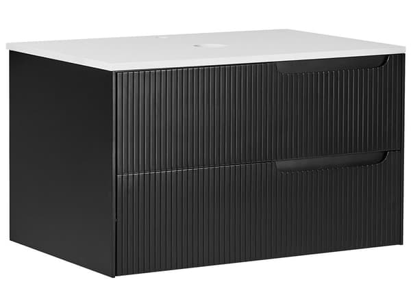 Badrumsskåp Vägghängt Svart MDF 80 x 52 cm Räfflad Framsida med 2 lådor Förborrade Hål Elegant Design Badrum