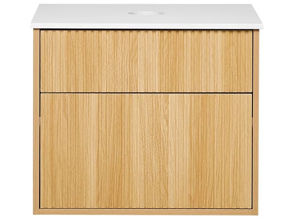 Väggmonterat Badrumsskåp Ljust Trä MDF-Stomme 60 x 52 cm Räfflad Front med 2 Lådor Modern Design Badrum
