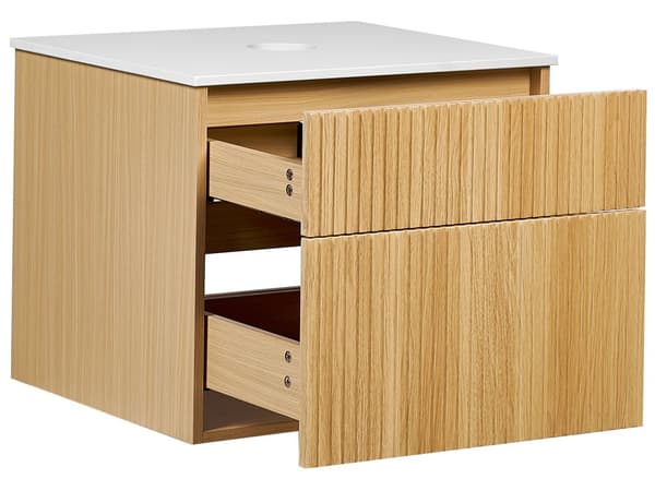 Väggmonterat Badrumsskåp Ljust Trä MDF-Stomme 60 x 52 cm Räfflad Front med 2 Lådor Modern Design Badrum