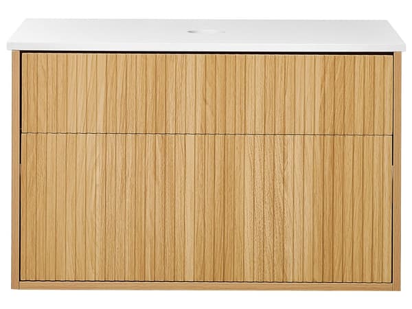 Väggmonterat Badrumsskåp Ljust Trä MDF-Stomme 80 x 52 cm Räfflad Front med 2 Lådor Modern Design Badrum