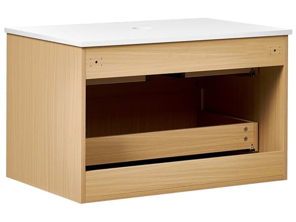 Väggmonterat Badrumsskåp Ljust Trä MDF-Stomme 80 x 52 cm Räfflad Front med 2 Lådor Modern Design Badrum