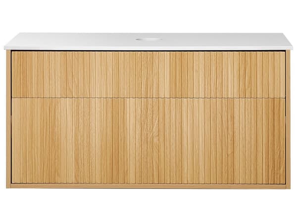Väggmonterat Badrumsskåp Ljust Trä MDF-Stomme 100 x 52 cm Räfflad Front med 2 Lådor Modern Design Badrum